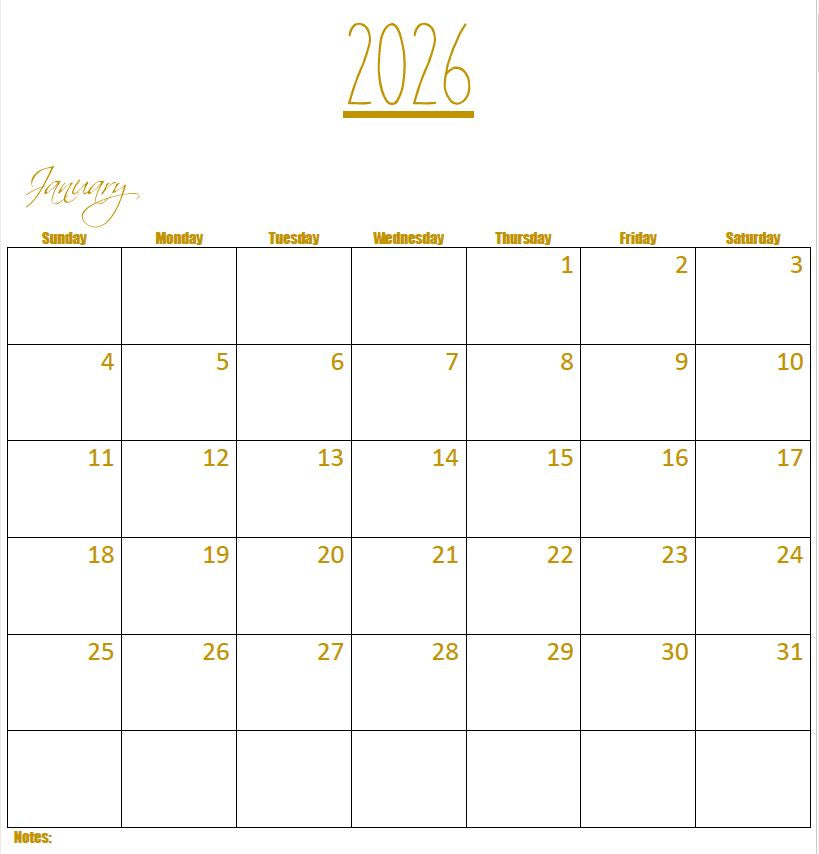Printable- 12 Month Calendar 2026 [PDF]